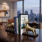 EHAIKA Golden Bulls Bookend (Set of 2) Aluminium Sculpture With Walnut Wood Base - Home Office Desk Top Decoration