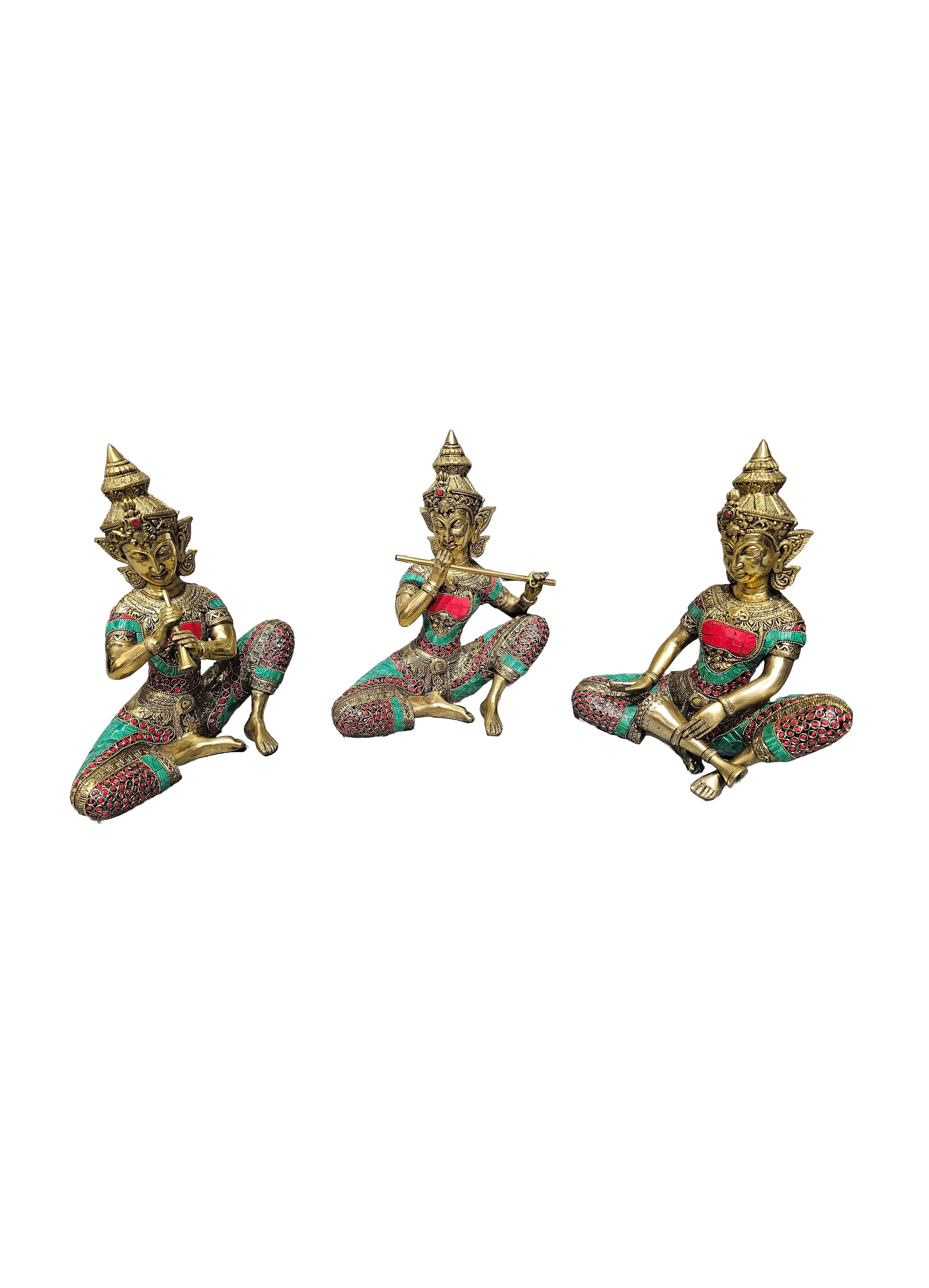 Beautiful divine ancient musician various musical instruments brass sculpture 3 piece sets
