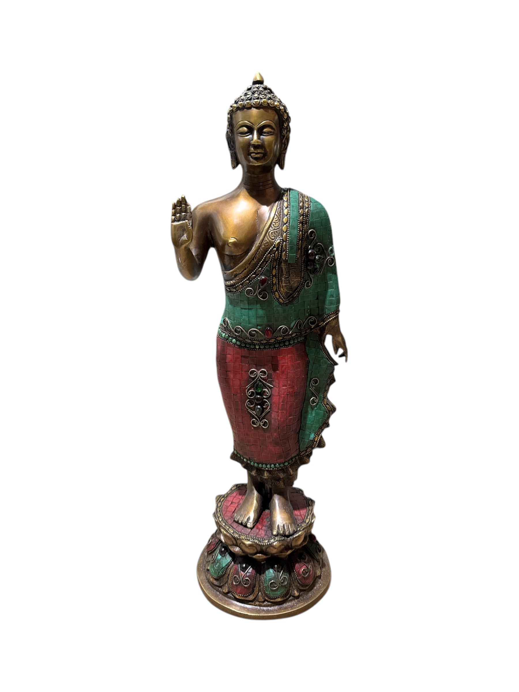 Authentic antique look brass bronze with colour stone tabletop buddha standing statue home religious decoration