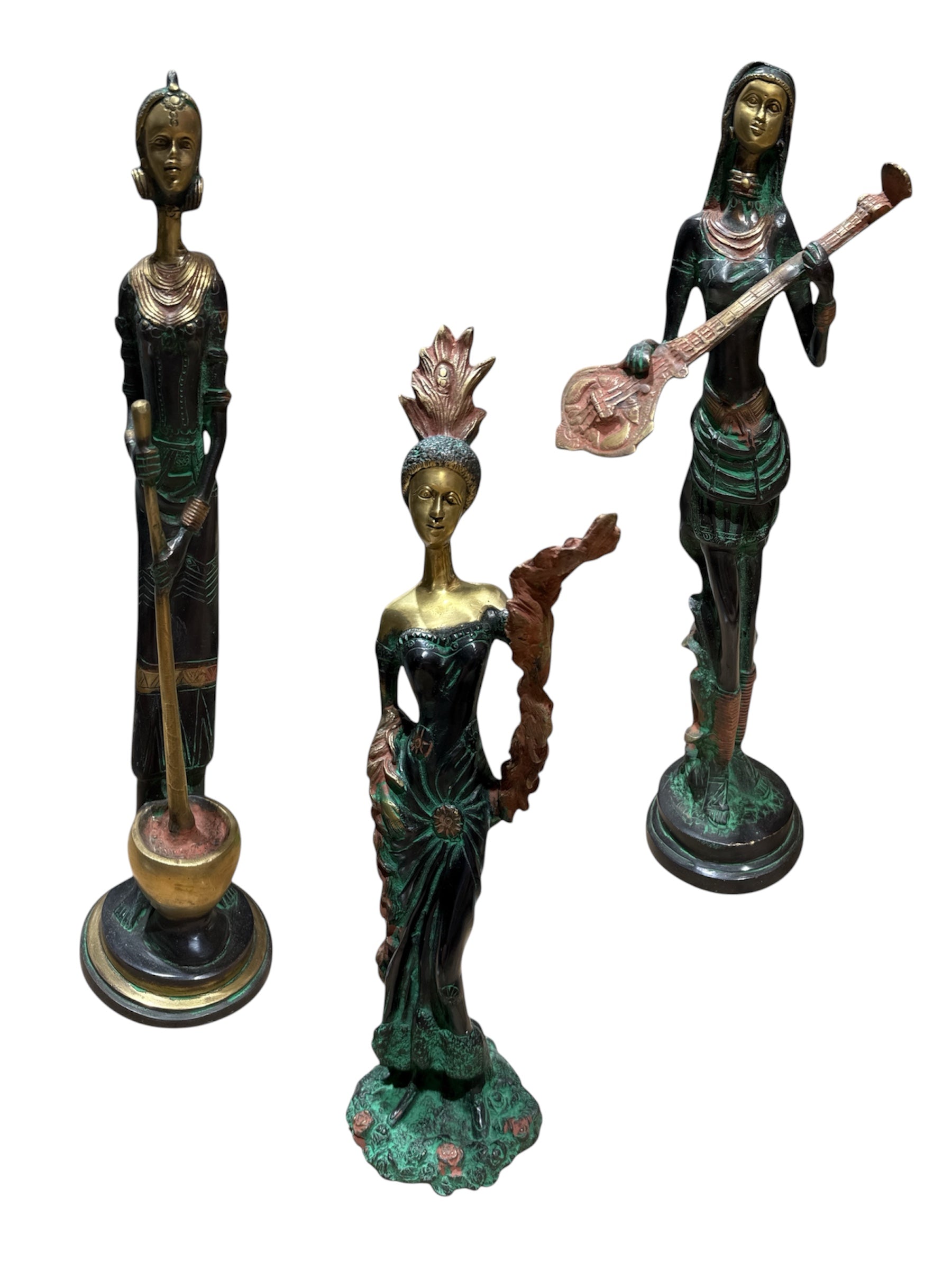 Beautiful divine ancient lady brass bronze sculpture colour stone showpieces 3pcs set