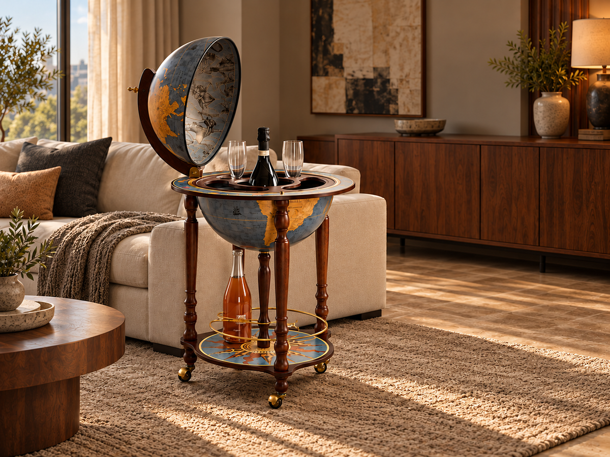 Blue-grey globe bar cabinet with built-in bottle and glass storage styled beside a cream sofa in a modern living room.
