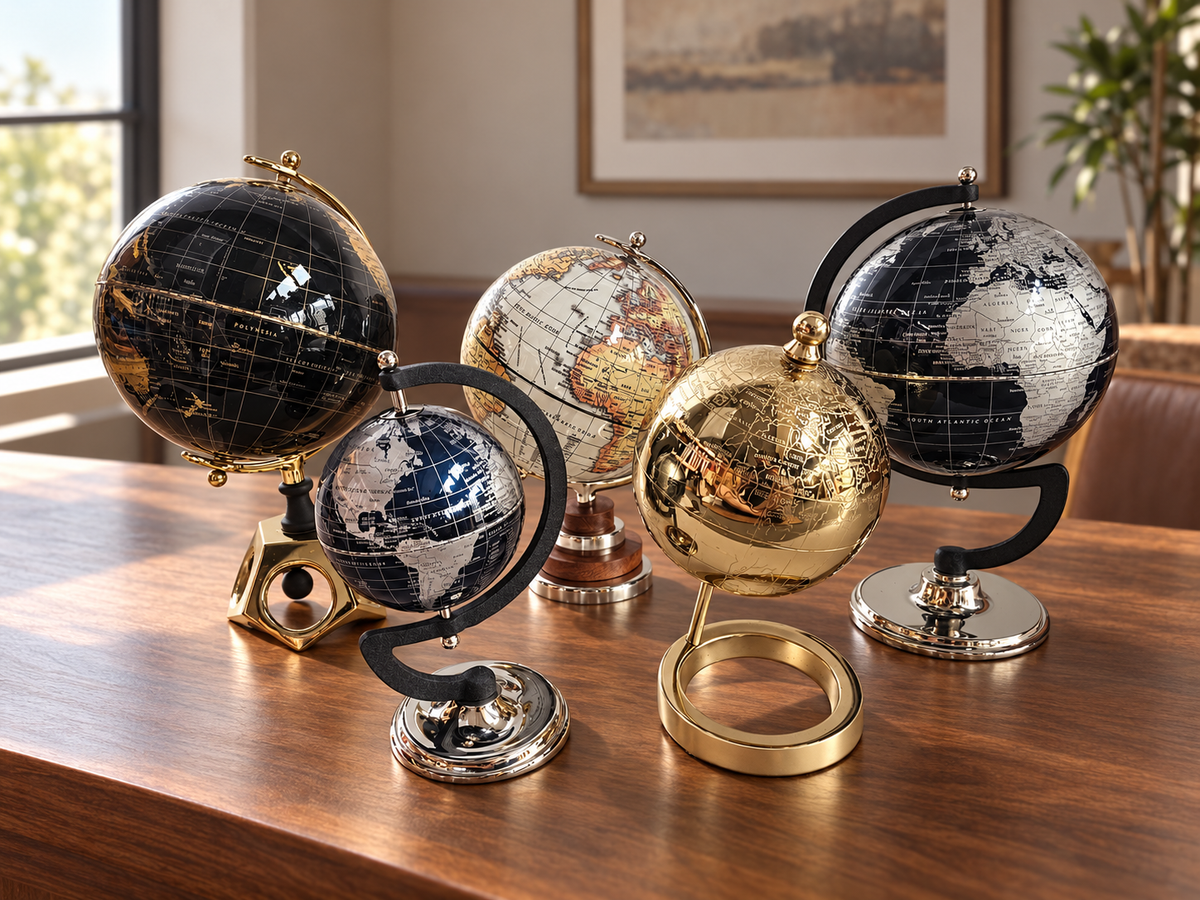 Five decorative desktop globes in black, silver, antique map and gold finishes, displayed on a walnut table in a warmly lit study.