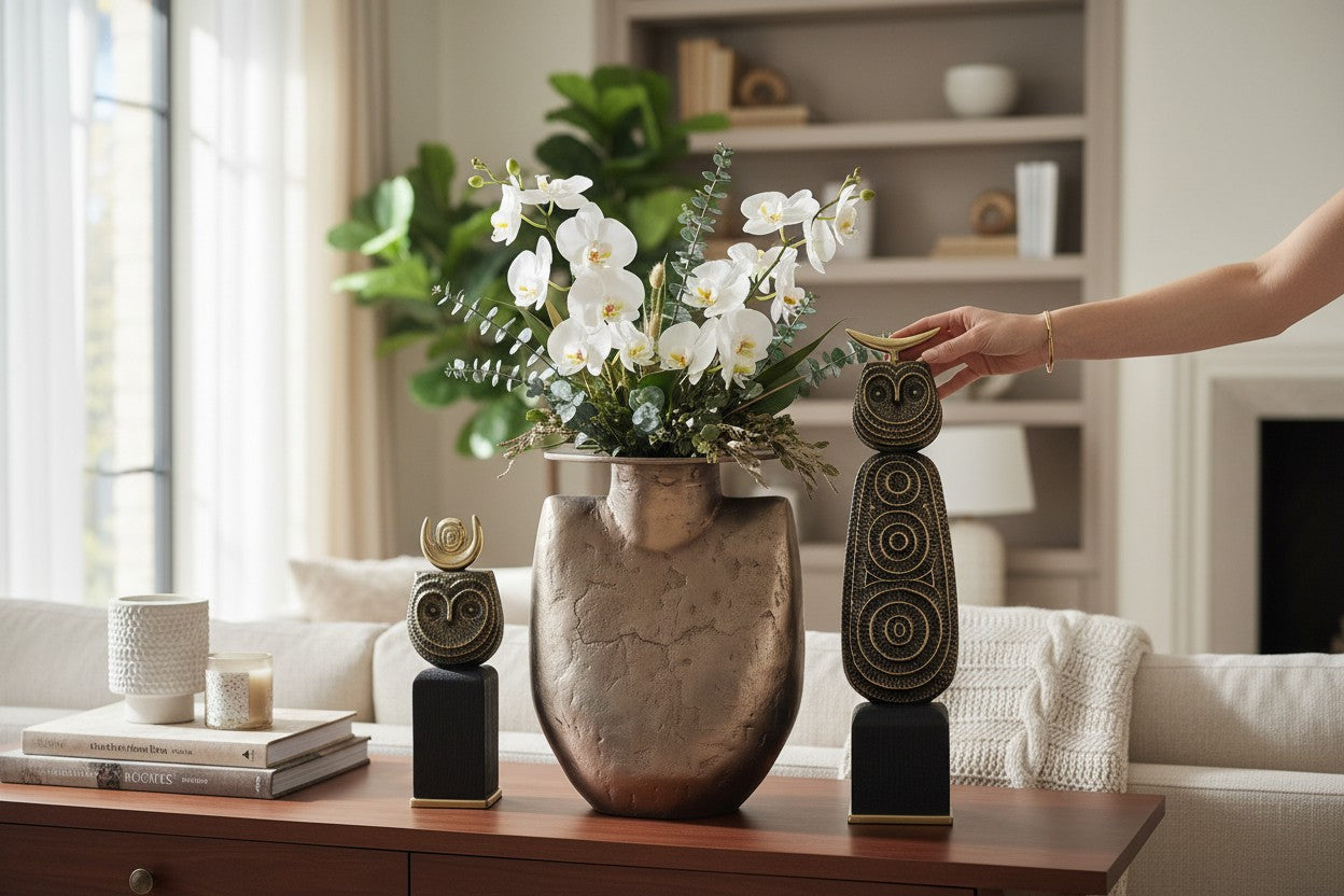 console-top home decor in Singapore, including decorative sculptures, flower vases, tableware, and elegant accessories