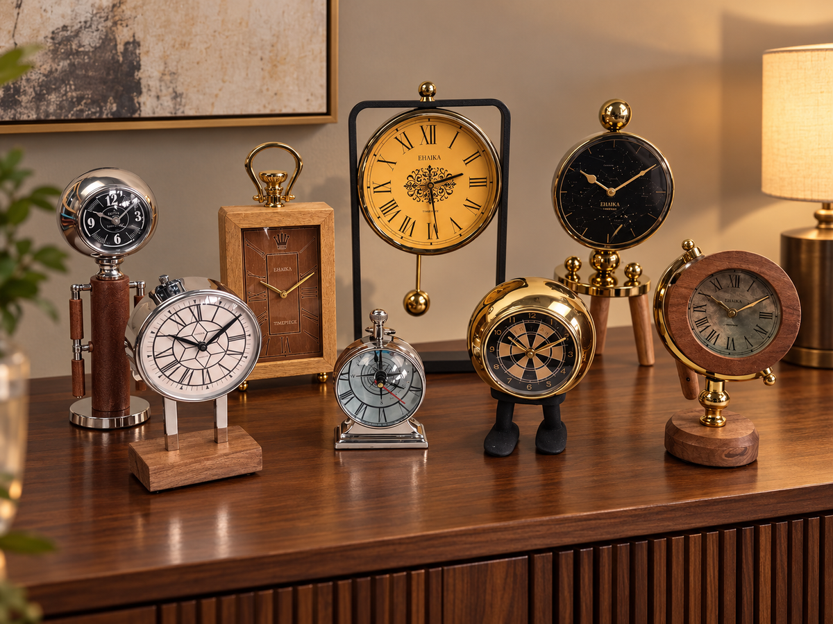 Eight EHAIKA decorative tabletop clocks in varied metal and wood designs, displayed on a walnut console in a warmly lit living room.