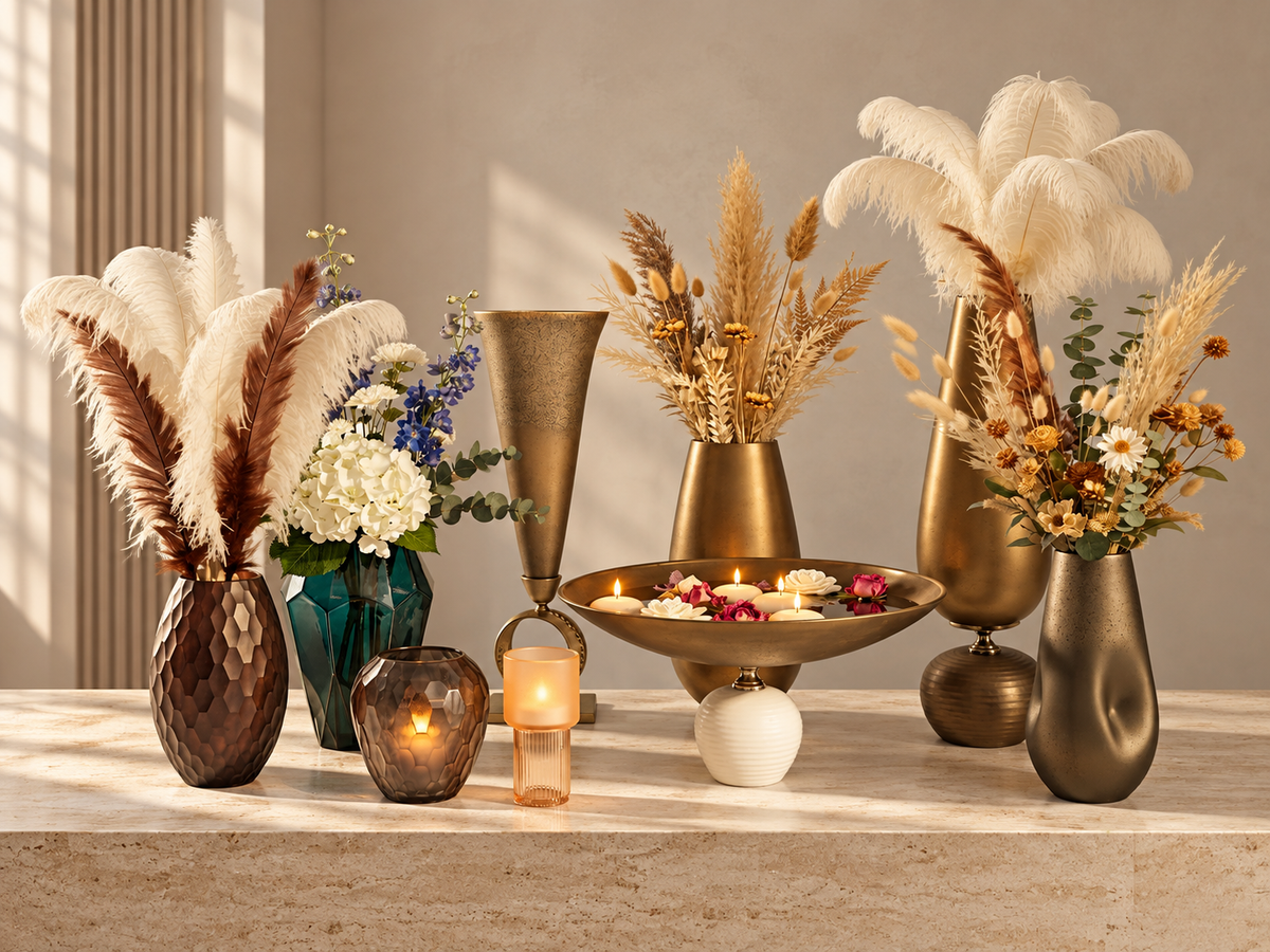 Decorative bronze, teal and smoked-glass vases with floral arrangements and candleholders styled naturally on a modern walnut console.