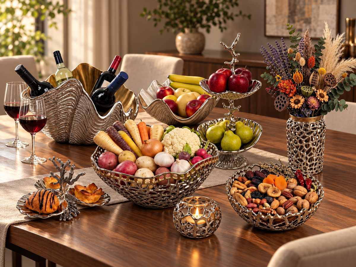 Silver and gold metal serveware collection with fruit bowls, wine holder, snack dishes, candleholder and floral vase styled on a modern walnut dining table.