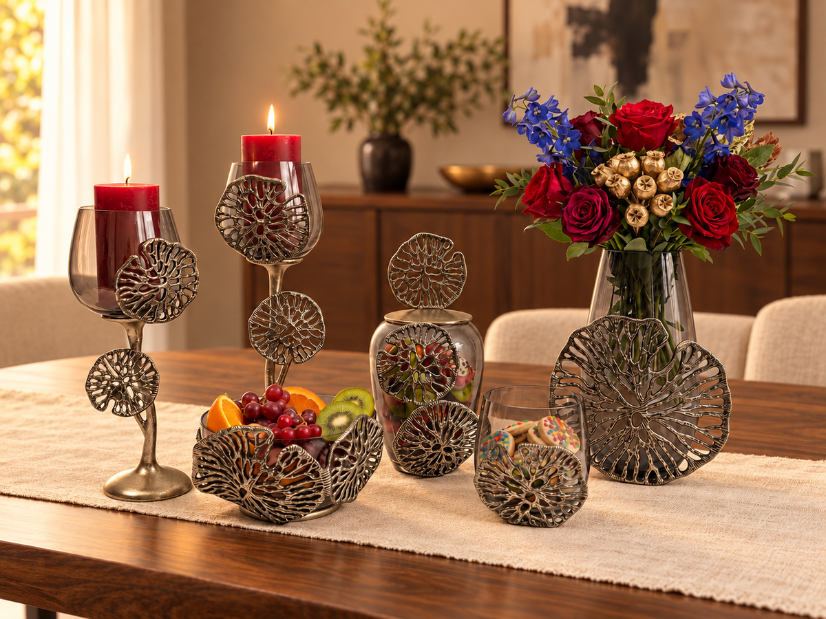 Lily pad metal décor collection with candleholders, fruit bowl, storage jar, cookie bowl and floral vase styled on a warm walnut dining table.