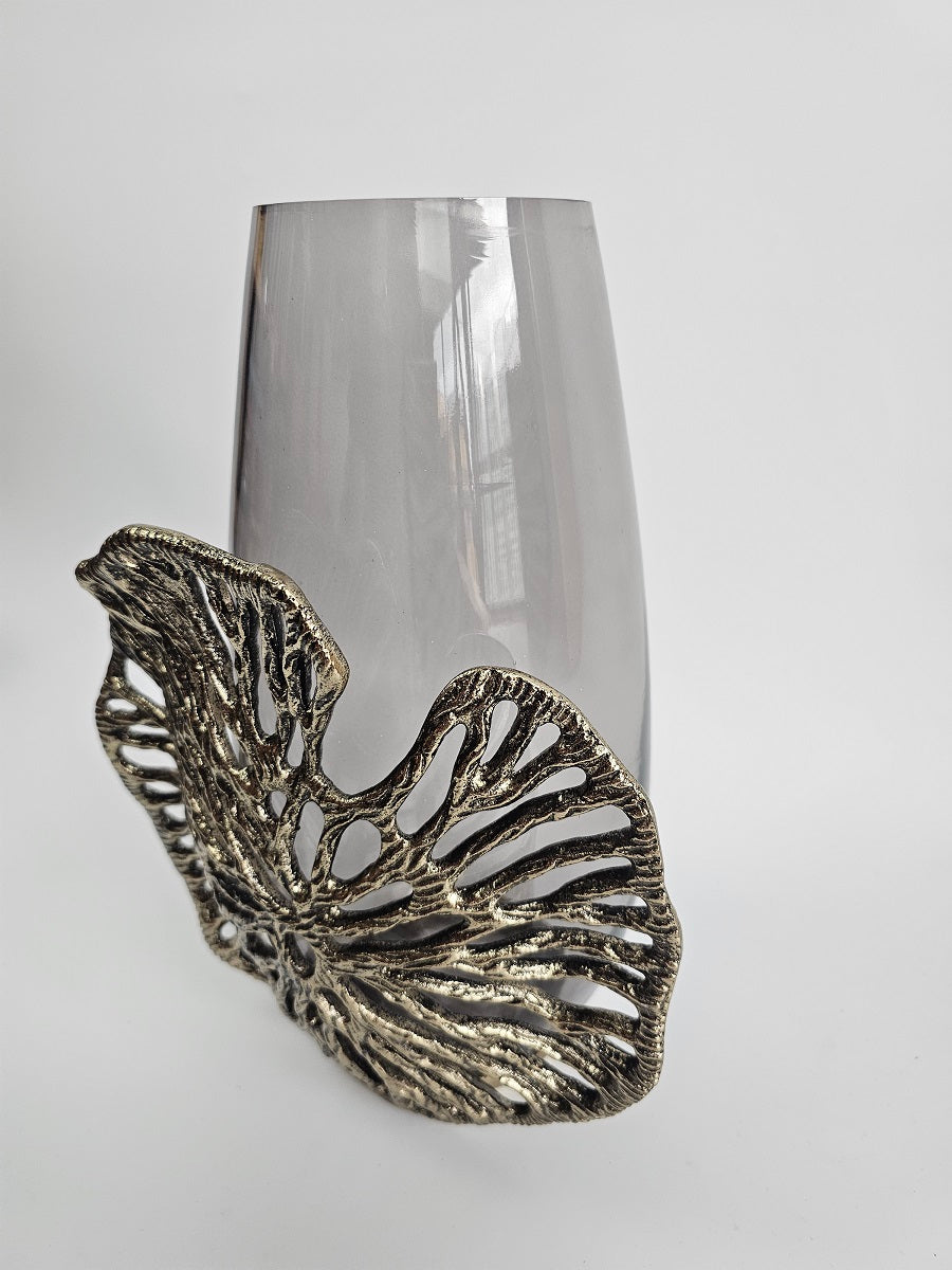 EHAIKA Luxury Flower Vase - Aluminum Gilded Lily Pad - Ombre Sea Kelp Green Coloured Glass