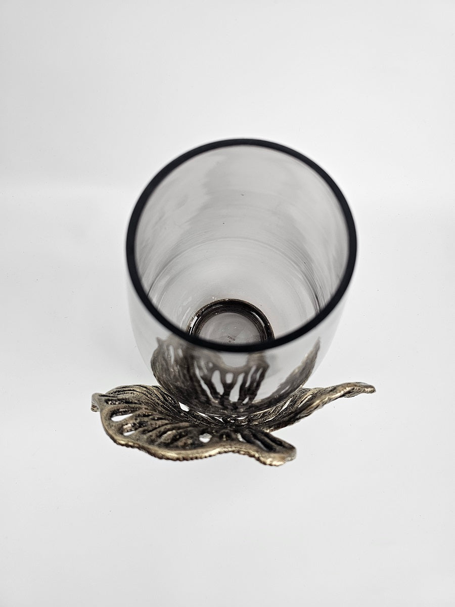 EHAIKA Luxury Flower Vase - Aluminum Gilded Lily Pad - Ombre Sea Kelp Green Coloured Glass