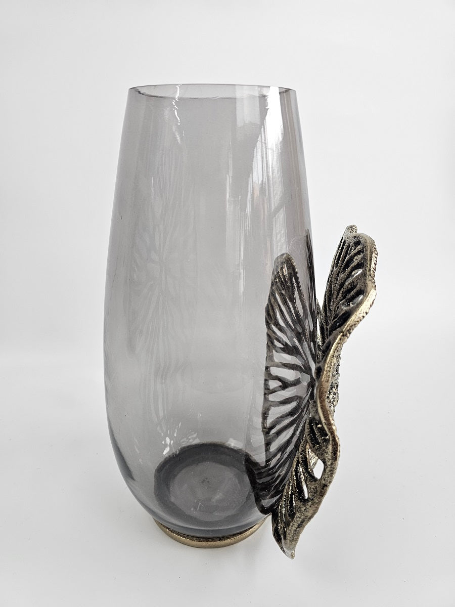 EHAIKA Luxury Flower Vase - Aluminum Gilded Lily Pad - Ombre Sea Kelp Green Coloured Glass