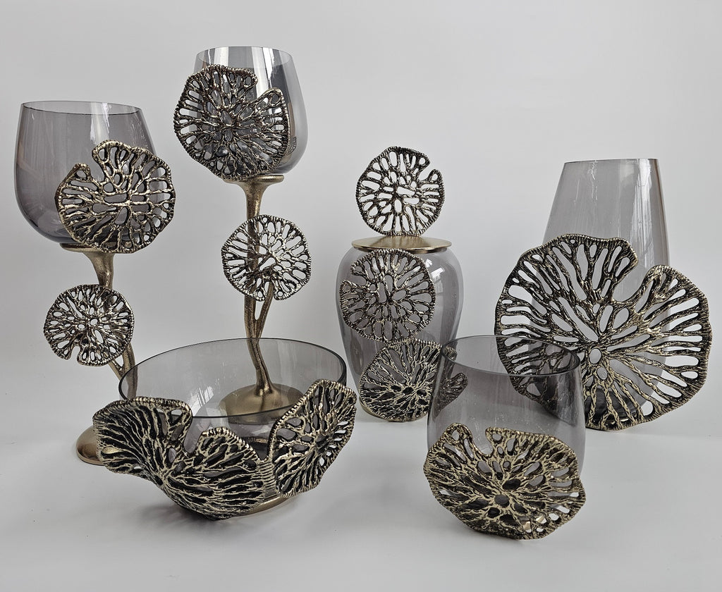 EHAIKA Decorative Glassware Set - Aluminum Gilded Lily Pad - Ombre Sea Kelp Green Colored Glass