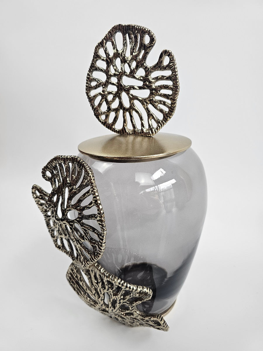 EHAIKA Luxury Decorative Jar - Aluminum Gilded Lily Pad - Ombre Sea Kelp Green Coloured Glass