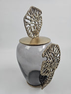 EHAIKA Luxury Decorative Jar - Aluminum Gilded Lily Pad - Ombre Sea Kelp Green Coloured Glass