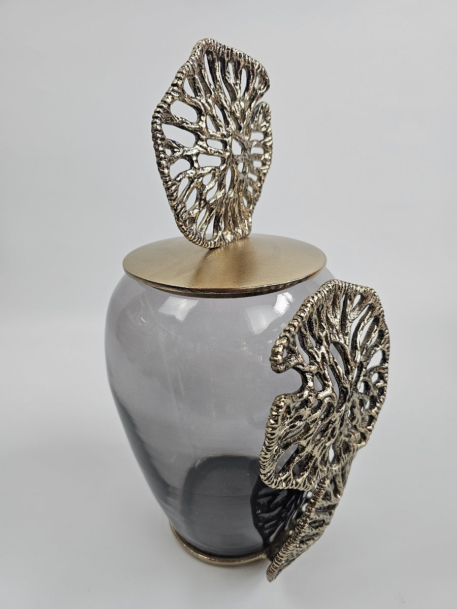 EHAIKA Luxury Decorative Jar - Aluminum Gilded Lily Pad - Ombre Sea Kelp Green Coloured Glass