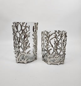 EHAIKA Sea Coral Flower Vase / Candle Holder With Glass Insert (Set of 2) - Aluminium Tabletop Decoration