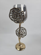 EHAIKA Large Pillar Candle Holder - Aluminum Gilded Lily Pad - Ombre Sea Kelp Green Colored Glass