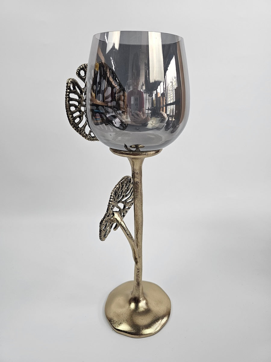 EHAIKA Large Pillar Candle Holder - Aluminum Gilded Lily Pad - Ombre Sea Kelp Green Colored Glass