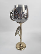 EHAIKA Large Pillar Candle Holder - Aluminum Gilded Lily Pad - Ombre Sea Kelp Green Colored Glass