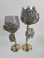 EHAIKA Small Pillar Candle Holder - Aluminum Gilded Lily Pad - Ombre Sea Kelp Green Colored Glass