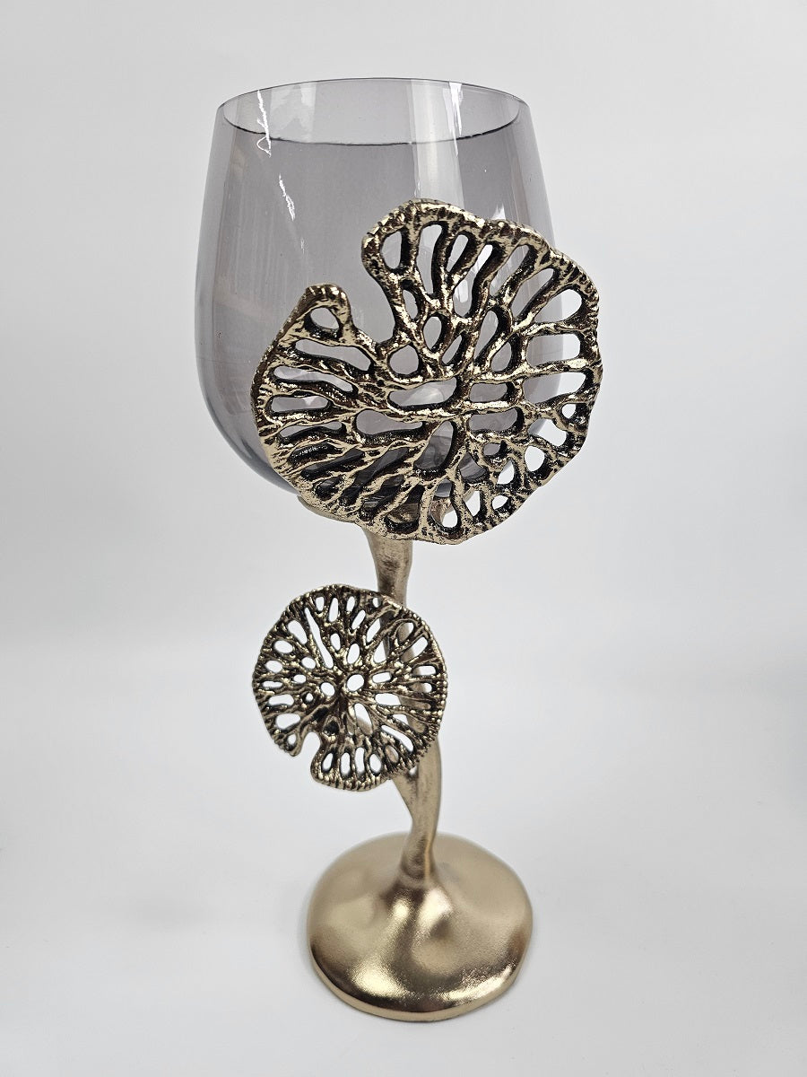 EHAIKA Small Pillar Candle Holder - Aluminum Gilded Lily Pad - Ombre Sea Kelp Green Colored Glass