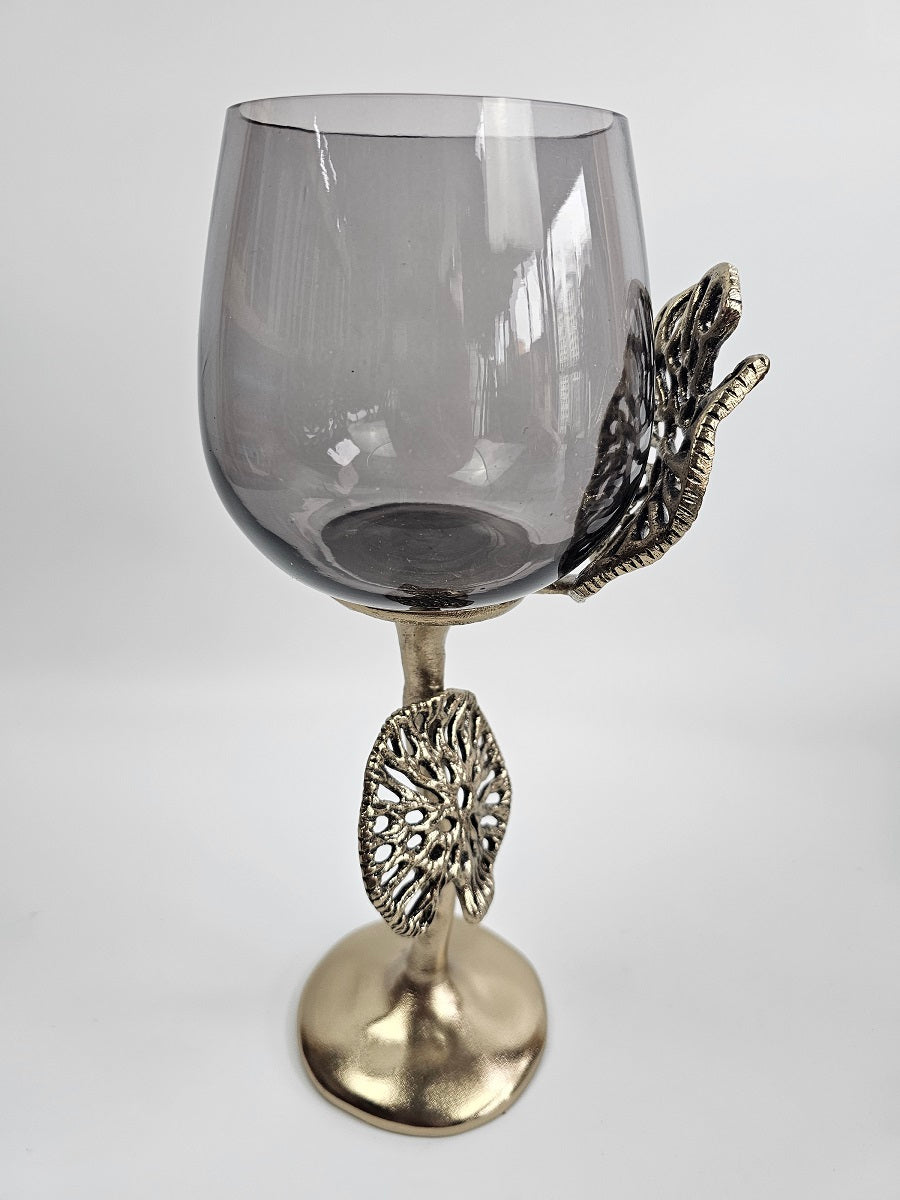 EHAIKA Small Pillar Candle Holder - Aluminum Gilded Lily Pad - Ombre Sea Kelp Green Colored Glass