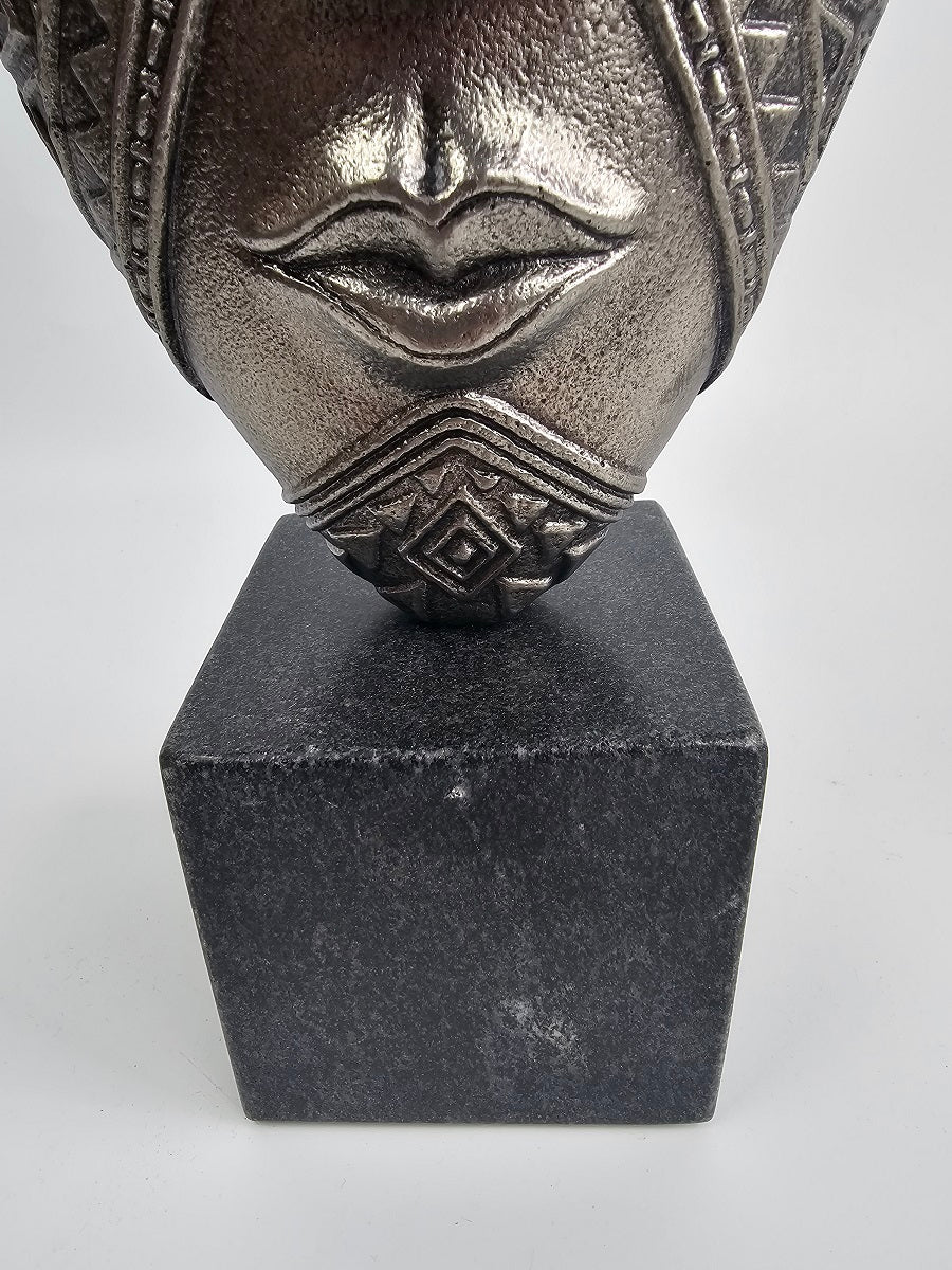 EHAIKA Tribal Mask (Small) Aluminium Sculpture With Natural Marble Base – Home Office Desktop Classical Design Decoration