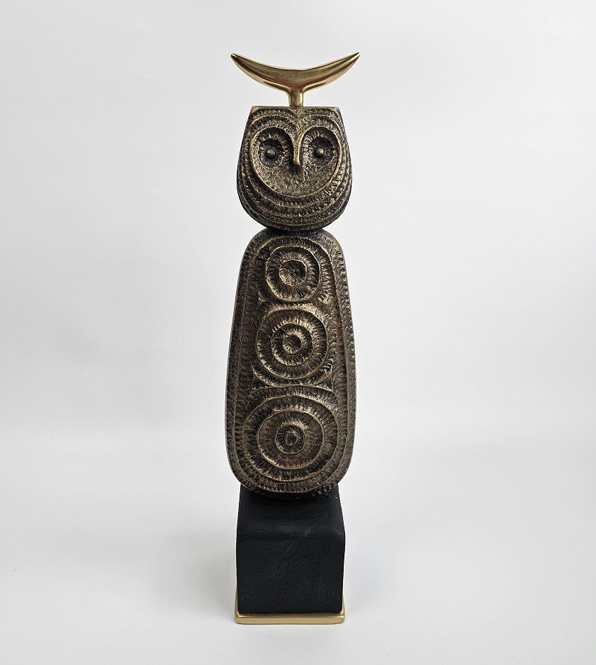 EHAIKA Tribal Owl (Large) Aluminium Sculpture With Natural Wood Base - Home Office Table-top Display Decoration