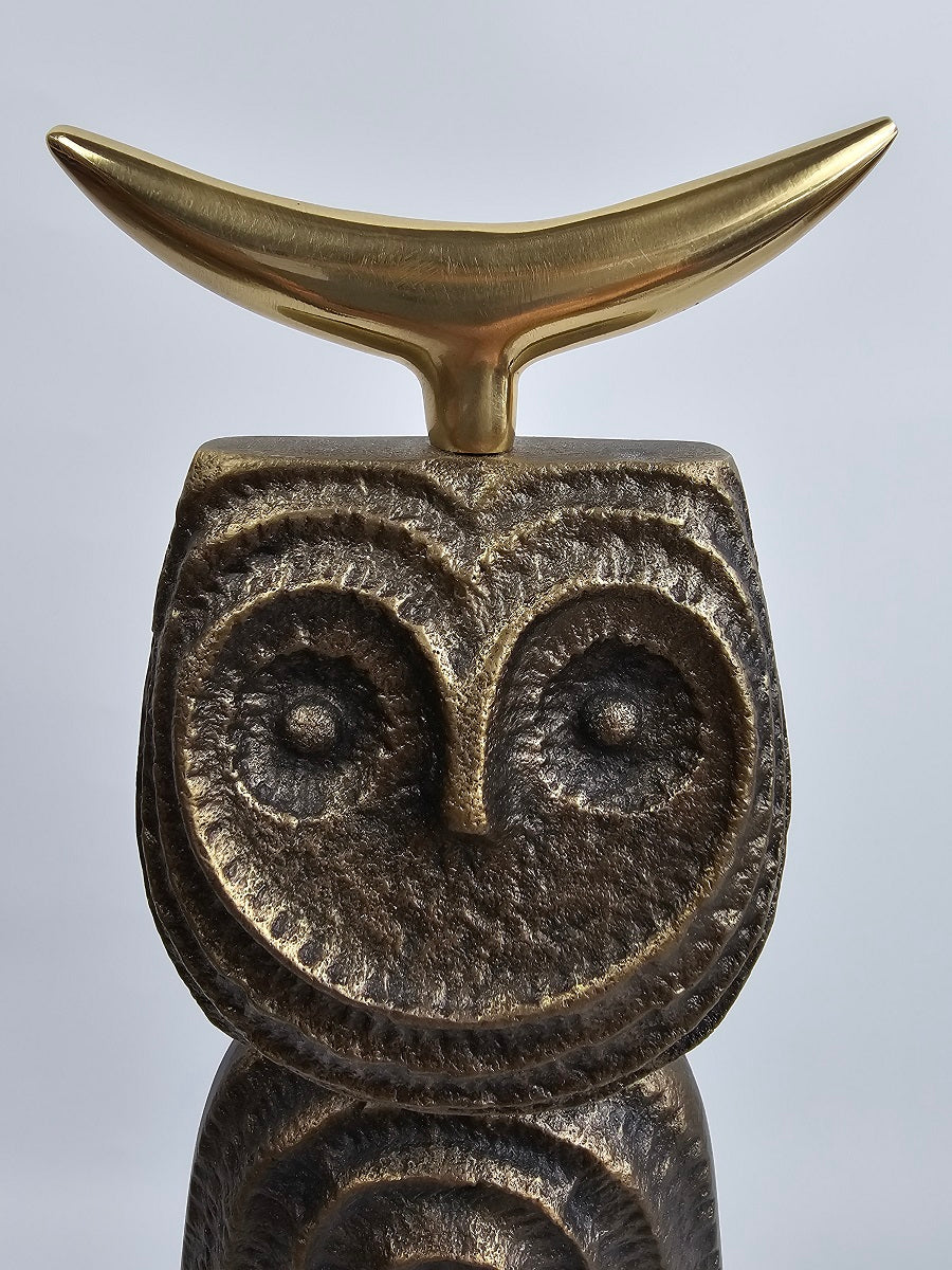 EHAIKA Tribal Owl (Large) Aluminium Sculpture With Natural Wood Base - Home Office Table-top Display Decoration