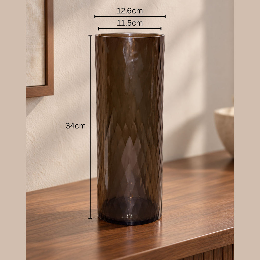 EHAIKA Designer Desk Top Glass Flower Vase, Handmade Honeycomb Cut Patterned - Cylinder Shaped