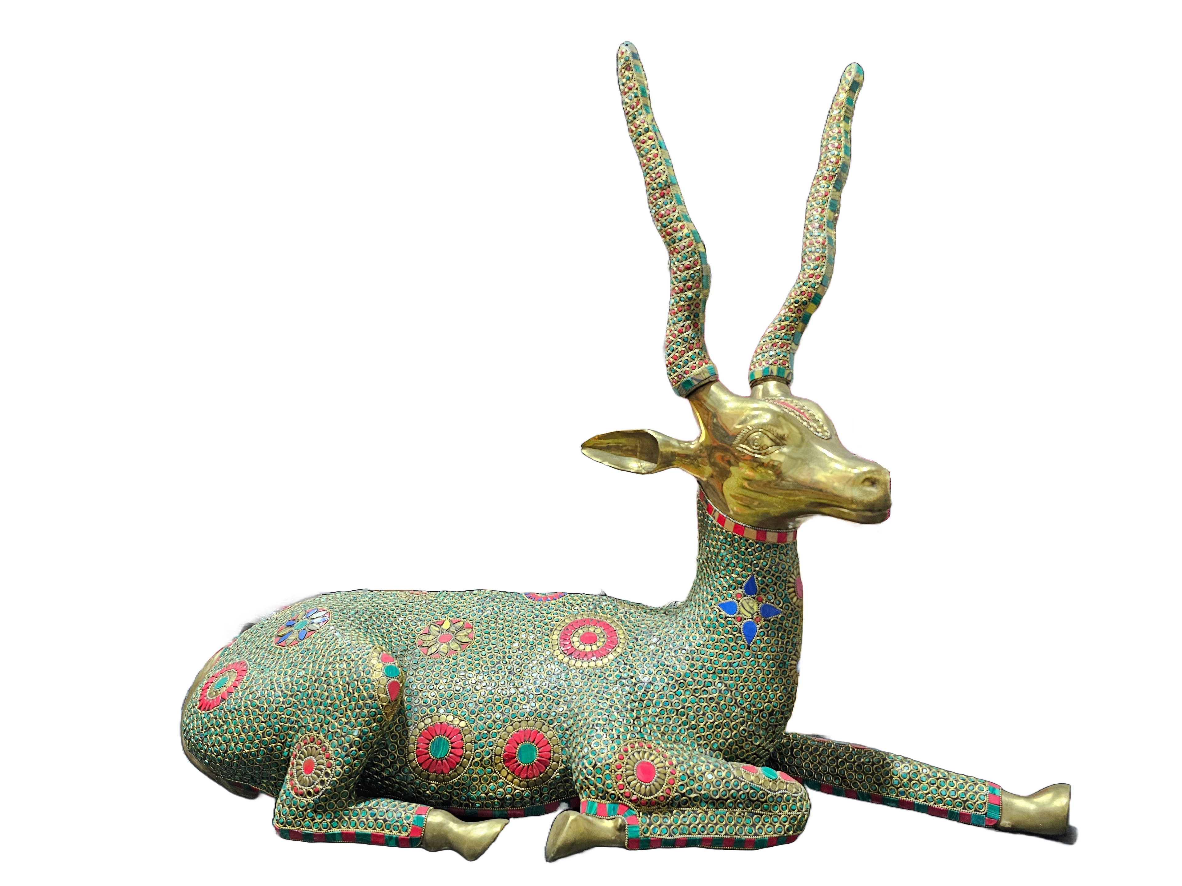 Brass Deer Statue with Stone Detailing – Handcrafted Decorative Sculpture for Home or Office