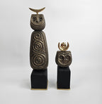 EHAIKA Tribal Owl Set Aluminium Sculpture With Natural Wood Base - Home Office Table-top Display Decoration