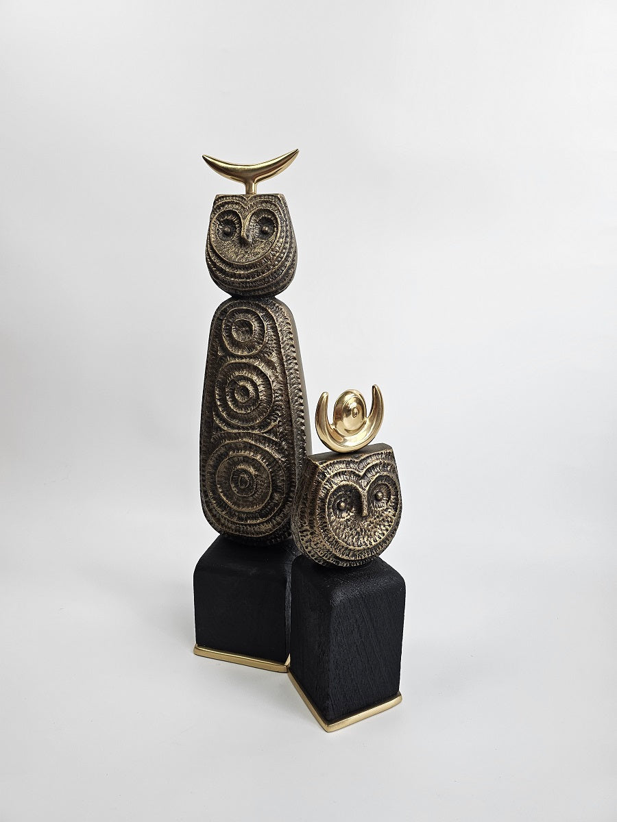 EHAIKA Tribal Owl Set Aluminium Sculpture With Natural Wood Base - Home Office Table-top Display Decoration