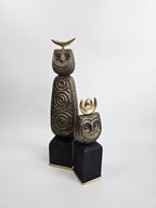 EHAIKA Tribal Owl Set Aluminium Sculpture With Natural Wood Base - Home Office Table-top Display Decoration