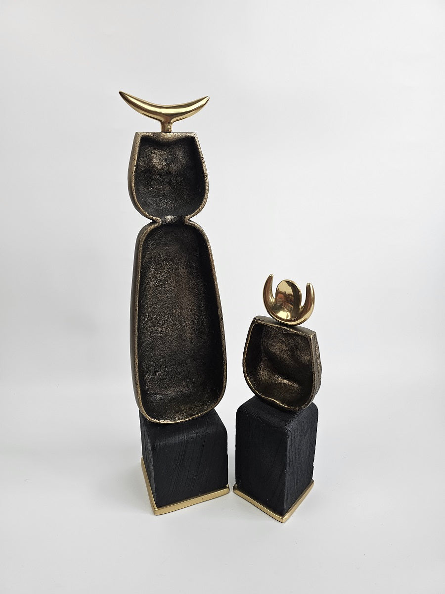 EHAIKA Tribal Owl Set Aluminium Sculpture With Natural Wood Base - Home Office Table-top Display Decoration