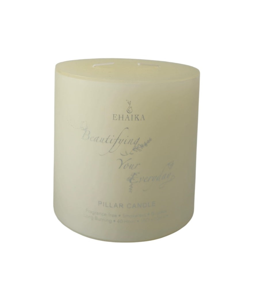 EHAIKA 2 Wicks Unscented Pillar Candle 10 x 10 cm – Fragrance Free, Smokeless, Dripless, 40 hours Burning