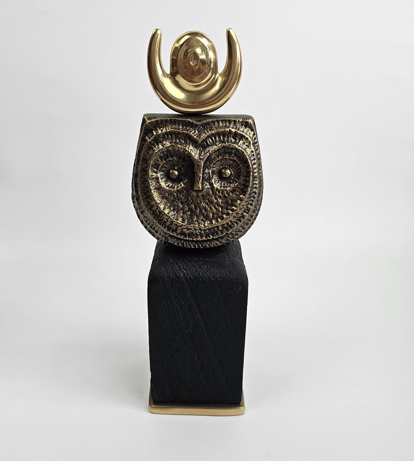 EHAIKA Tribal Owl (Small) Aluminium Sculpture With Natural Wood Base - Home Office Table-top Display Decoration
