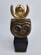 EHAIKA Tribal Owl (Small) Aluminium Sculpture With Natural Wood Base - Home Office Table-top Display Decoration
