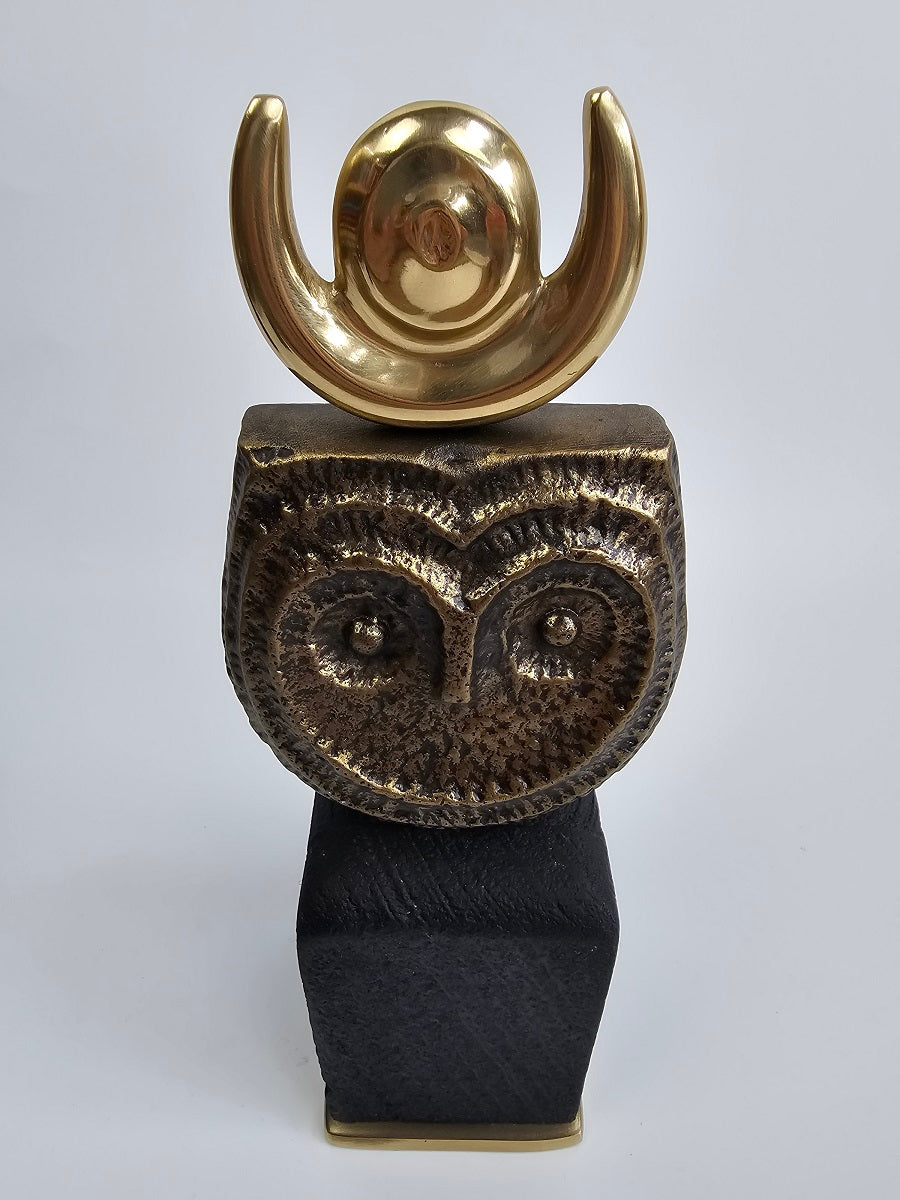 EHAIKA Tribal Owl (Small) Aluminium Sculpture With Natural Wood Base - Home Office Table-top Display Decoration