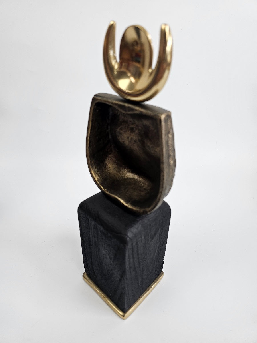 EHAIKA Tribal Owl (Small) Aluminium Sculpture With Natural Wood Base - Home Office Table-top Display Decoration