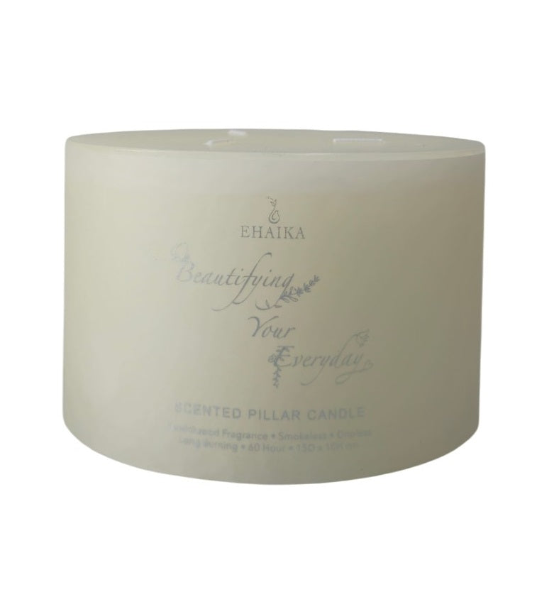 EHAIKA 3 Wicks Sandalwood Scented Pillar Candle 15 x 10 cm – Smokeless, Dripless, 60 Hours Burning