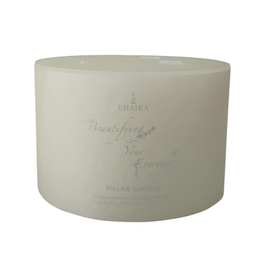 EHAIKA 3 Wicks Unscented Pillar Candle 15 x 10 cm – Fragrance Free, Smokeless, Dripless, 60 hours Burning