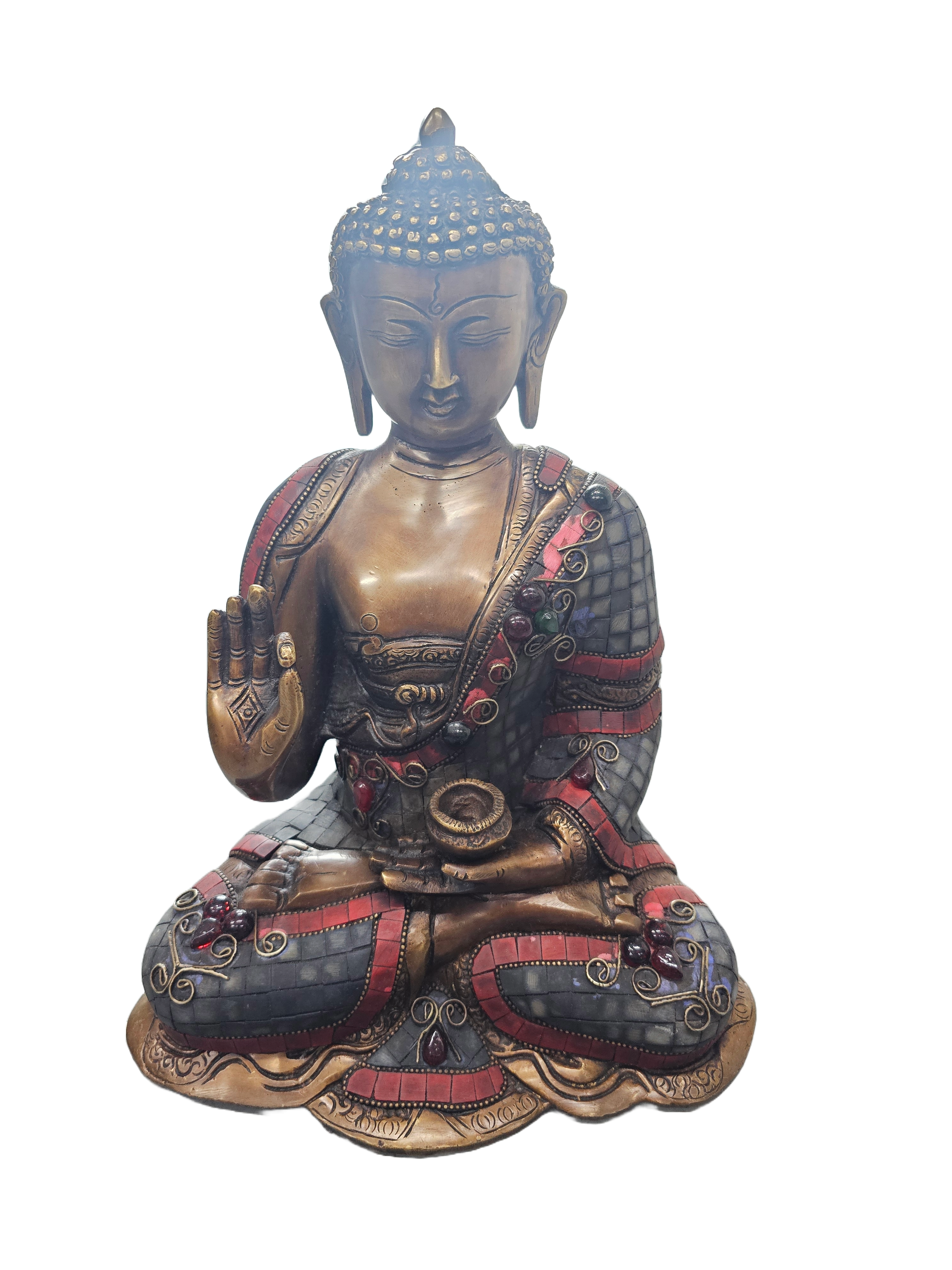 Authentic antique look brass bronze with colour stone tabletop buddha sitting statue home religious decoration