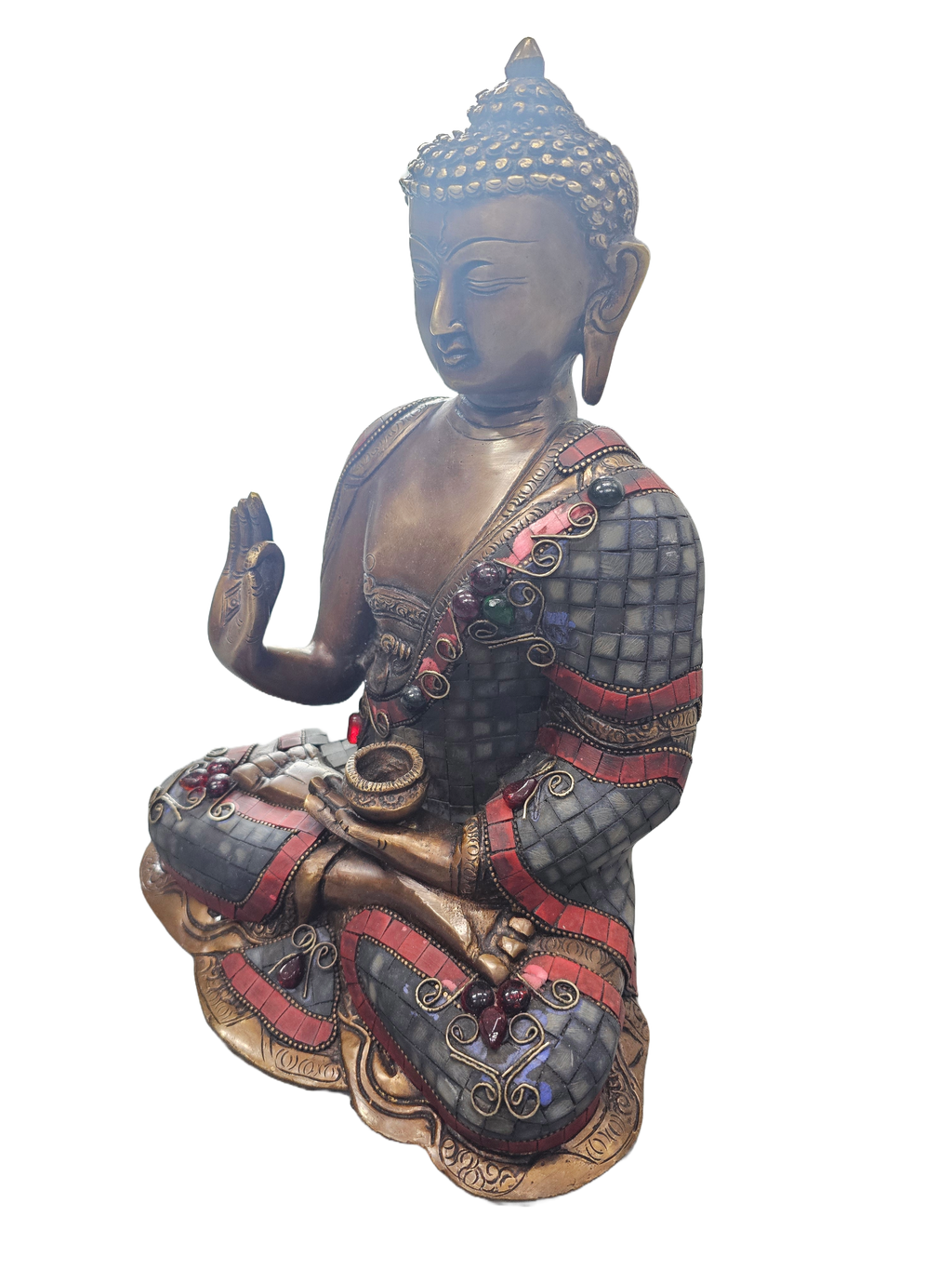 Authentic antique look brass bronze with colour stone tabletop buddha sitting statue home religious decoration