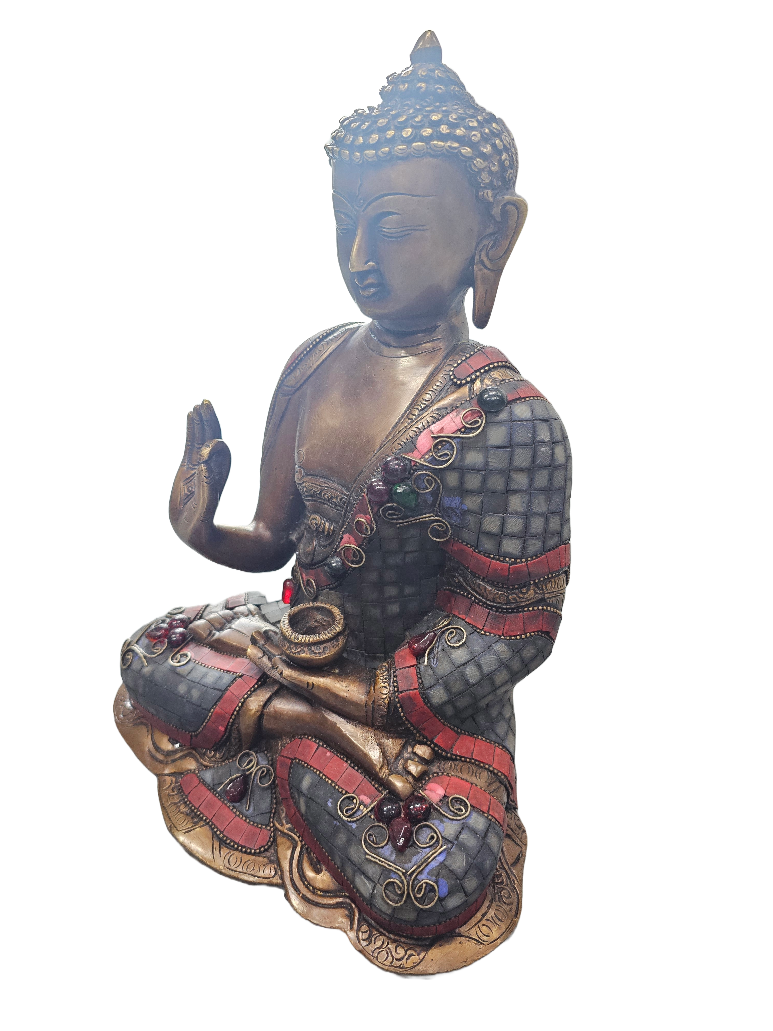 Authentic antique look brass bronze with colour stone tabletop buddha sitting statue home religious decoration