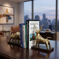 EHAIKA Golden Bulls bookend set with polished gold finished aluminum and walnut wood bases, ideal for home or office desk decor.