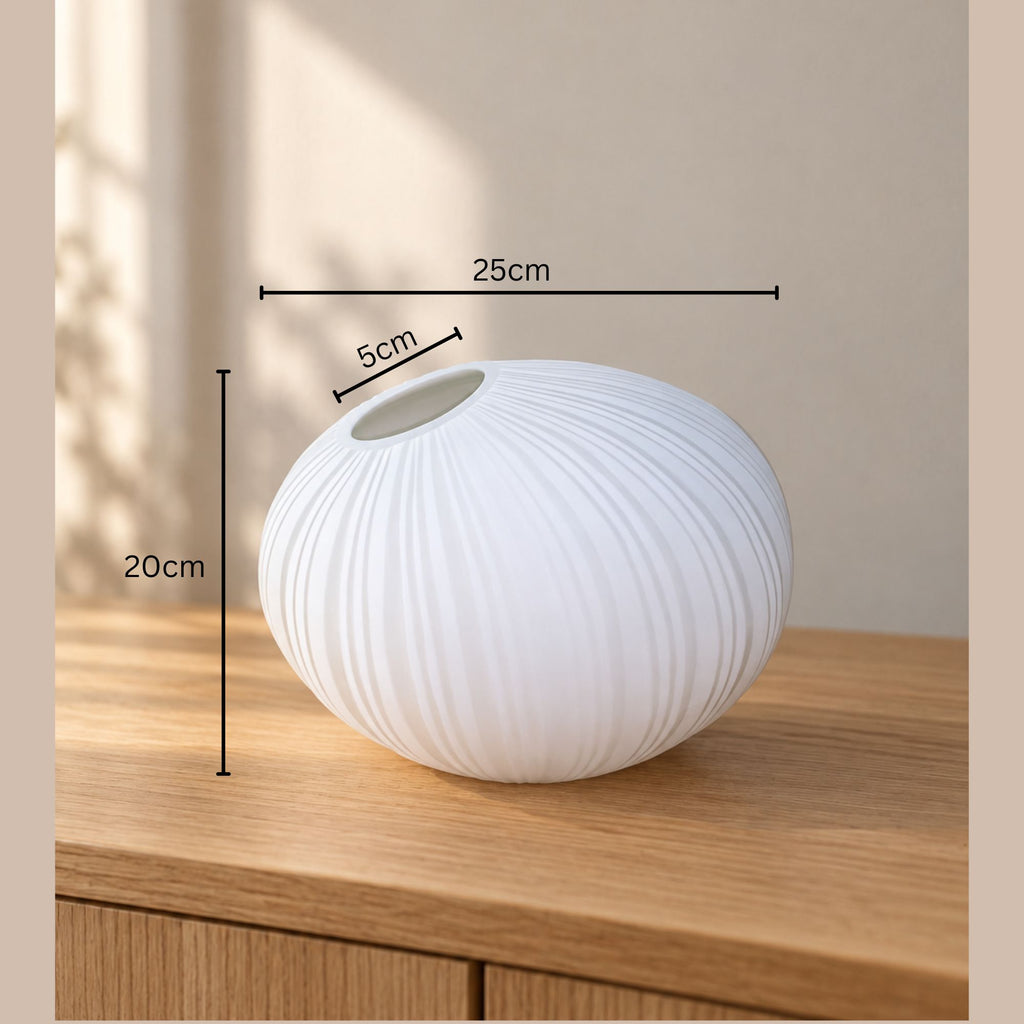EHAIKA Designer Glass Flower Vase, Line Cut Jagged Patterned - Round Shaped, White Color