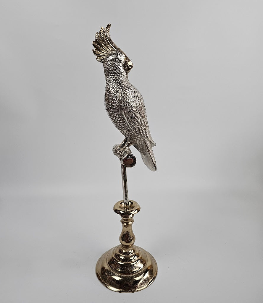 EHAIKA Gold & Silver Color Aluminium Parrot Stand Sculpture – Home Office Table Top Display Decoration