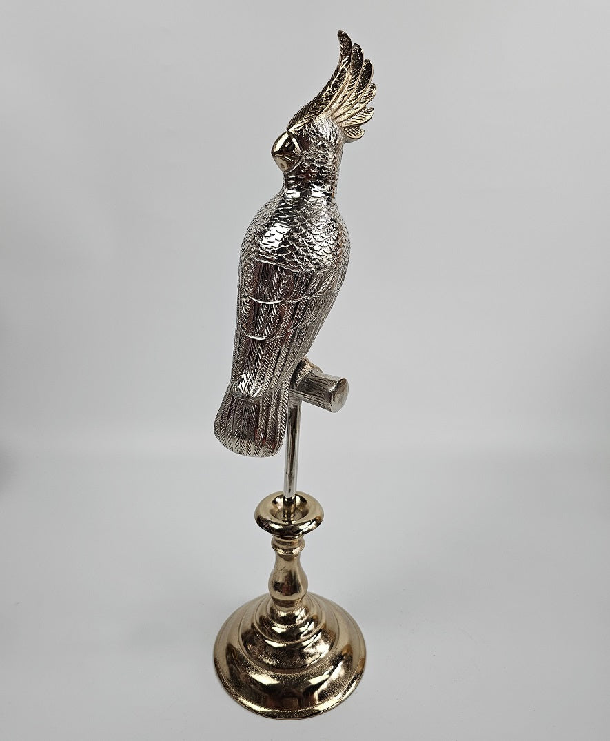 EHAIKA Gold & Silver Color Aluminium Parrot Stand Sculpture – Home Office Table Top Display Decoration