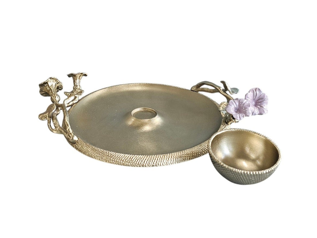 EHAIKA Chip And Dip Platter – Golden Enamelled Aluminium With Morning Glory Flower