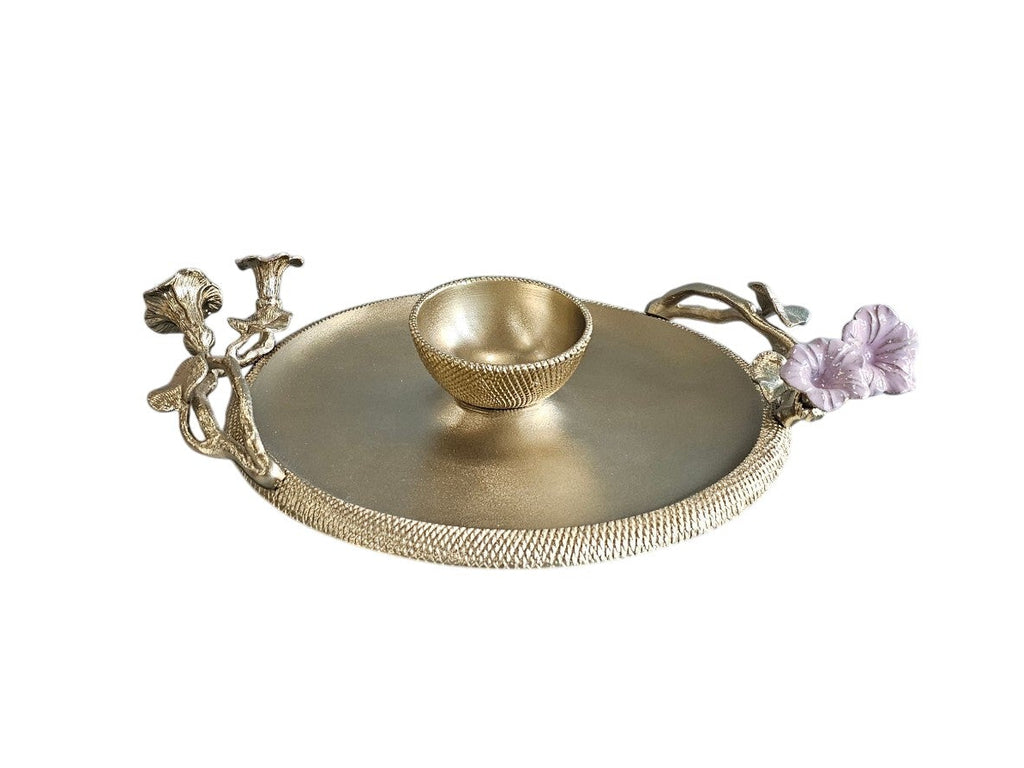 EHAIKA Chip And Dip Platter – Golden Enamelled Aluminium With Morning Glory Flower